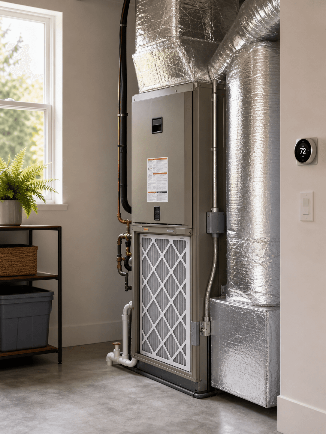 Indoor HVAC air handler, fresh filter, and ductwork in a clean Burbank home