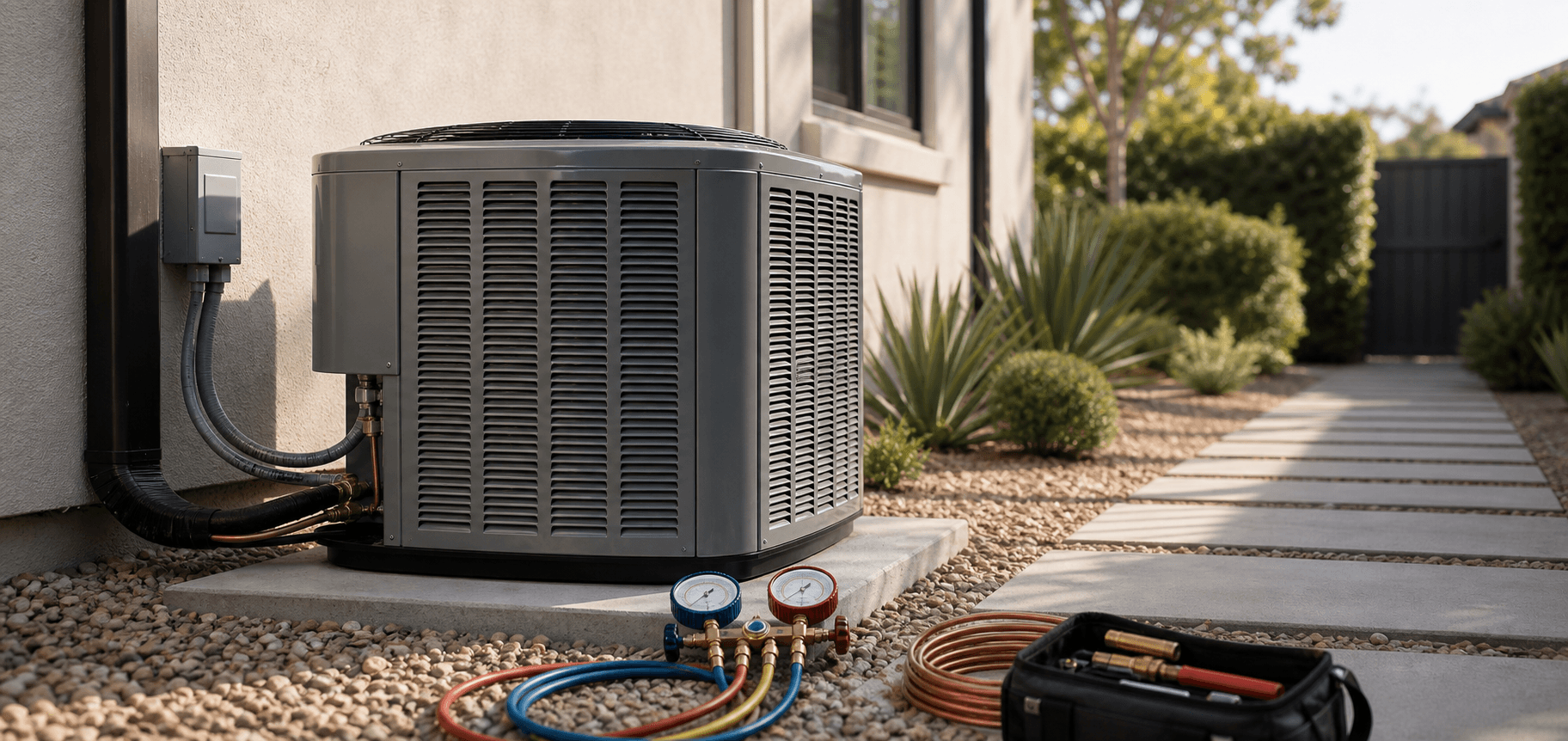 HVAC gauges and tools beside an outdoor condenser during AC repair diagnostics