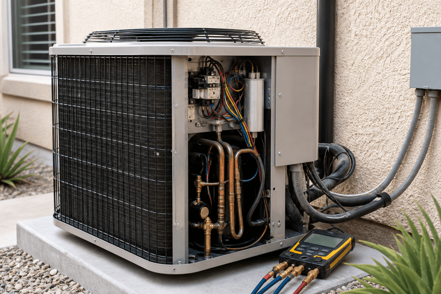 Open HVAC condenser panel during AC repair diagnostics in a Burbank home