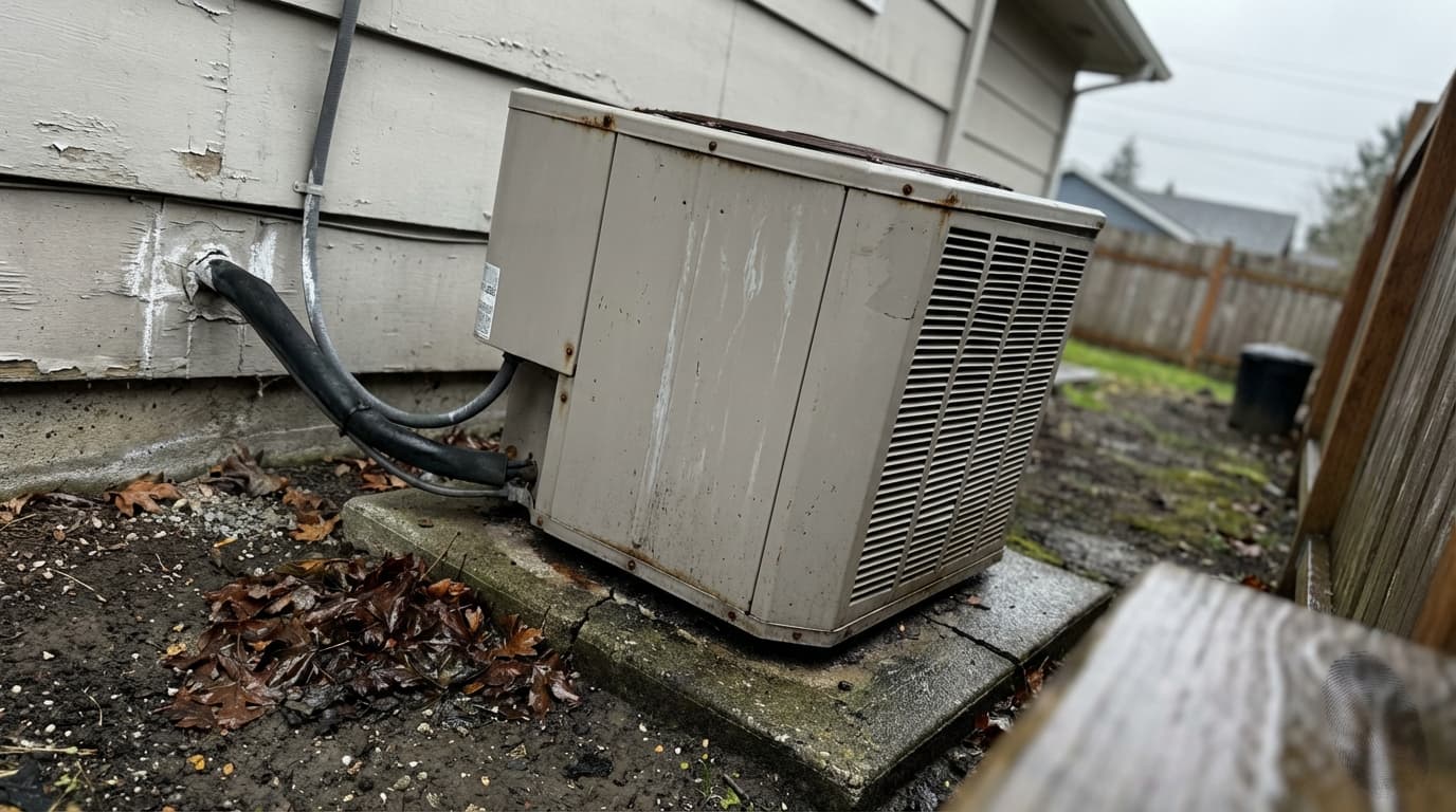 Outdoor residential HVAC condenser inspected during seasonal service