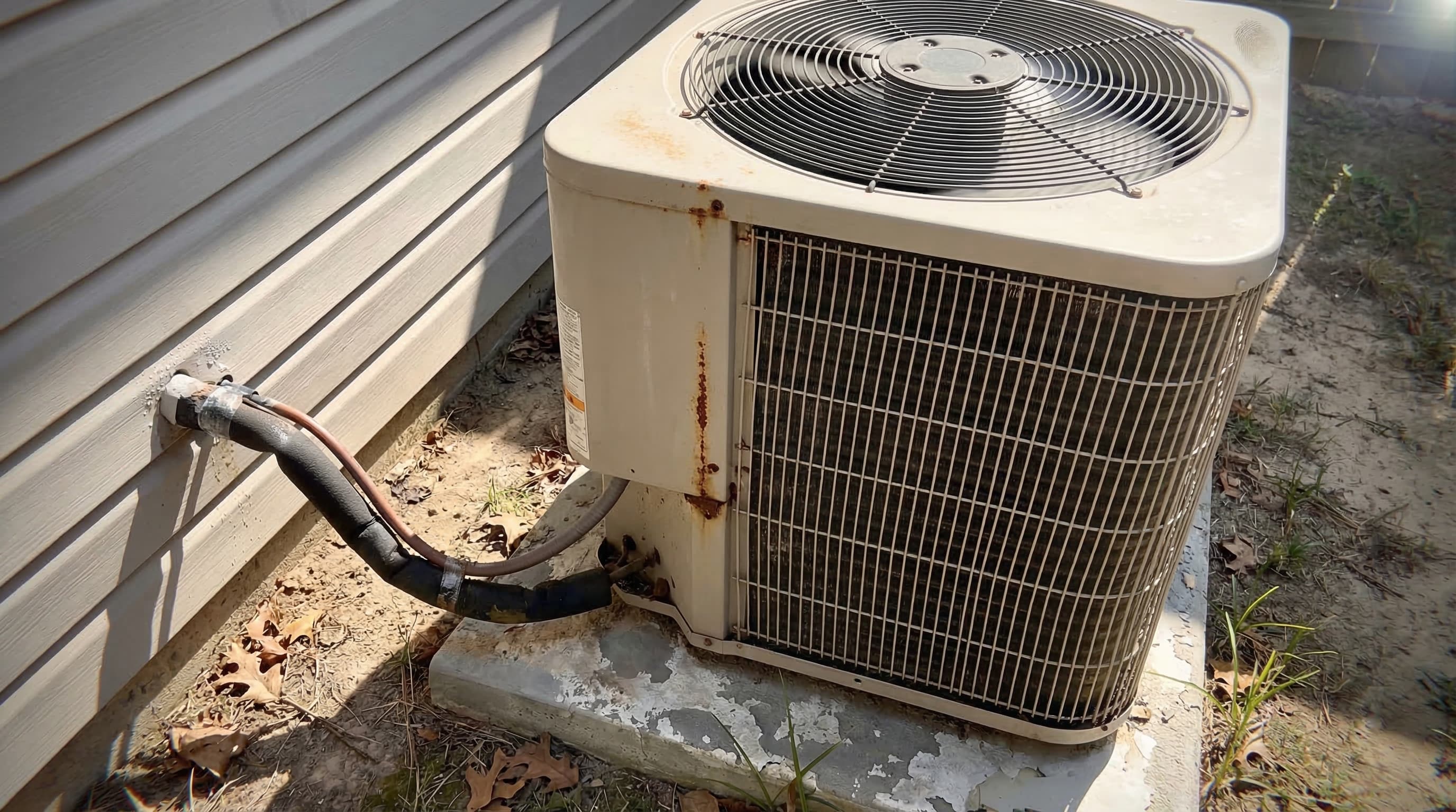 Sunlit outdoor air conditioner condenser ready for residential AC repair