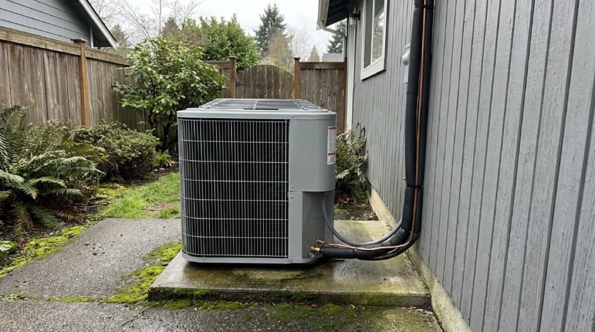 Brand new high-efficiency A2L heat pump system installed on a concrete pad outside a Burbank California home with two HVAC technicians completing the installation