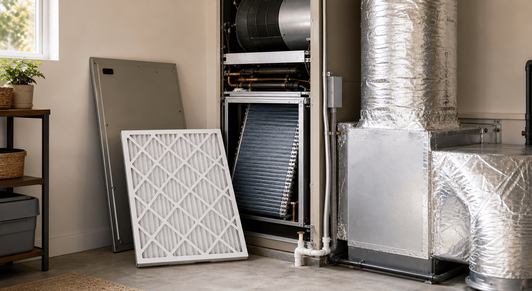 Clean HVAC air handler and fresh filter setup for AC maintenance
