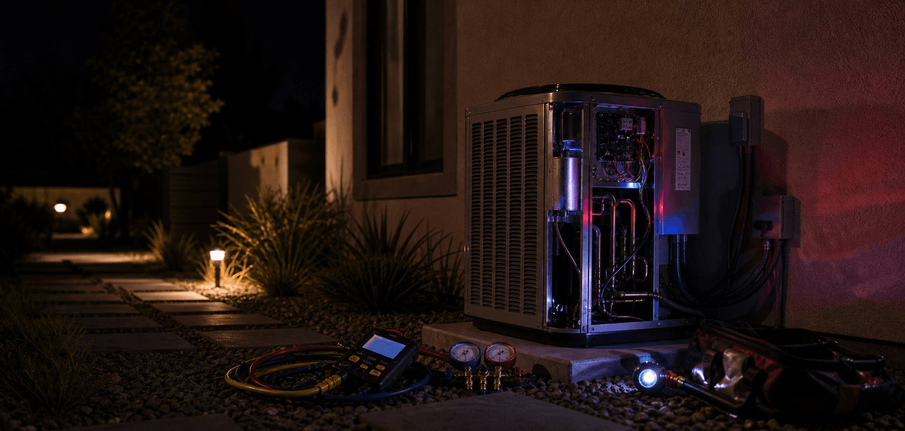 Open outdoor heat pump during repair diagnostics at a Burbank home