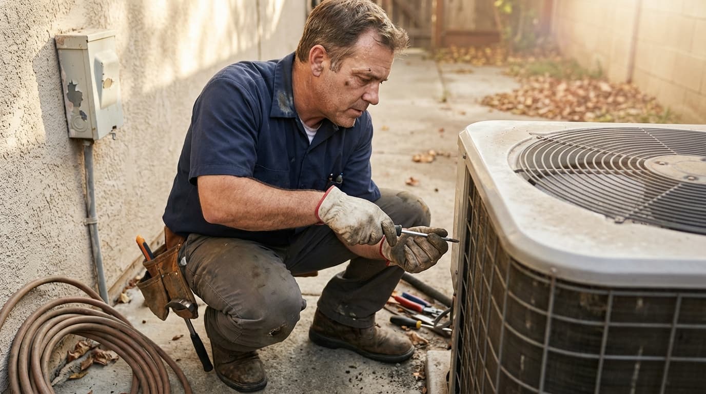HVAC technician working on an outdoor air conditioning system for residential service