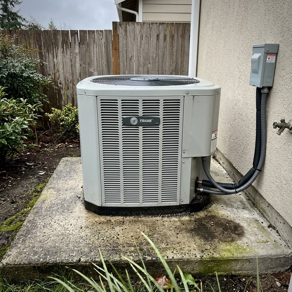 Outdoor Trane air conditioner condenser on a residential concrete pad